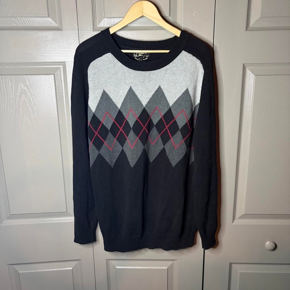 No Boundaries Mens Argyle Sweater Black Grey Red Y2K Preppy Knit Pullover Large